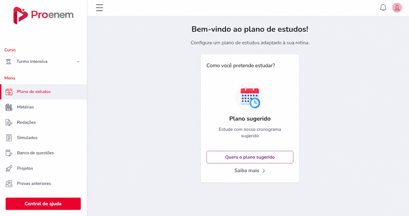Interface do cronograma de estudos PROENEM com progresso e tarefas do dia