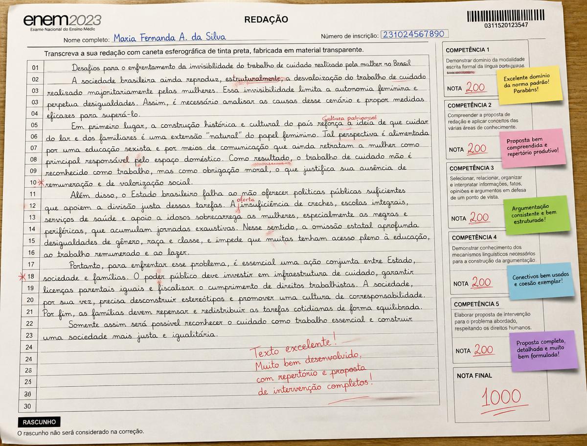 Folha de redação do ENEM corrigida com marcações nas 5 competências